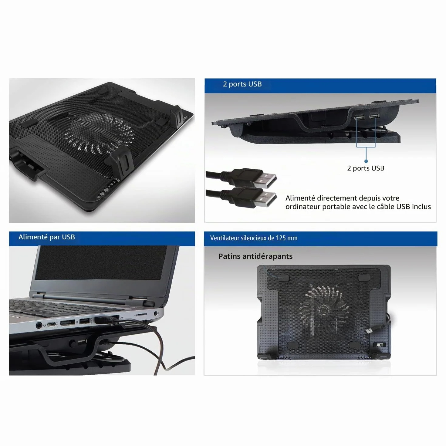 ACT Support Refroidissement Ordinateur Portable 17" Hauteur Réglable 5 Positions Ventilateur Silencieux USB AC8110