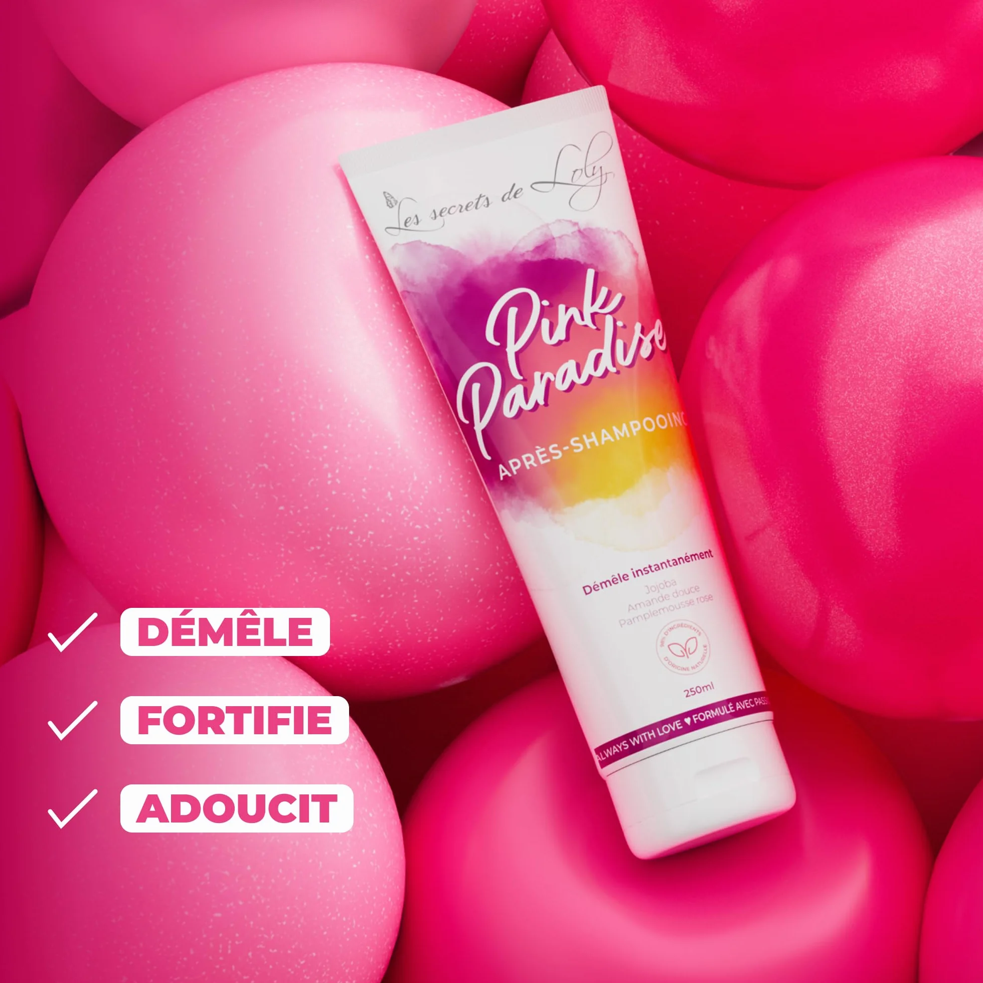 Les Secrets de Loly Après-shampooing ultra démêlant Pink Paradise 250 ml Fortifie & adoucit Cheveux ondulés bouclés frisés crépus 98% d'origine naturelle