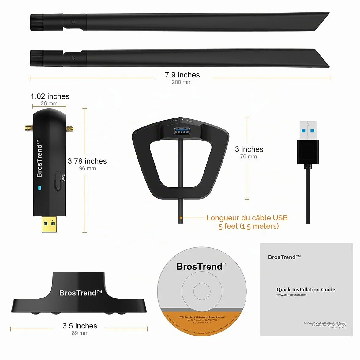 BrosTrend Clé WiFi AC1200 Adaptateur USB Dongle Réseau Longue Portée Bi-Bande 5GHz 867Mbps 2.4GHz 300Mbps 2 Antennes