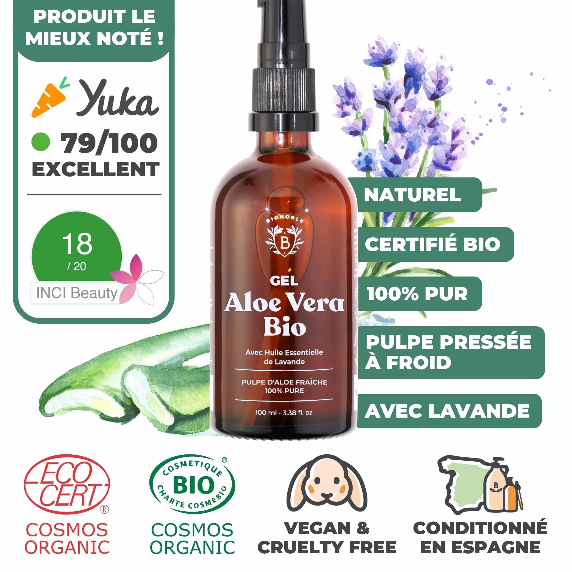 Gel Aloe Vera Bio 97% Huile Essentielle Lavande 100% Pur Pulpe Hydrate Apaise Visage Corps Cheveux Bouclés 100ml