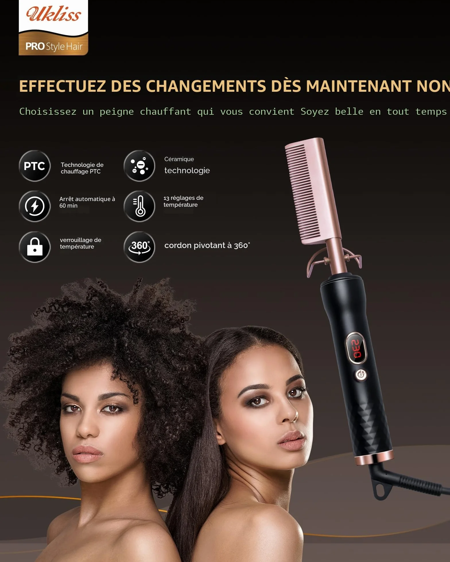 Peigne Chauffant Cheveux Afro Lisseur Hot Comb Écran LCD 120-230℃ Céramique Arrêt Automatique