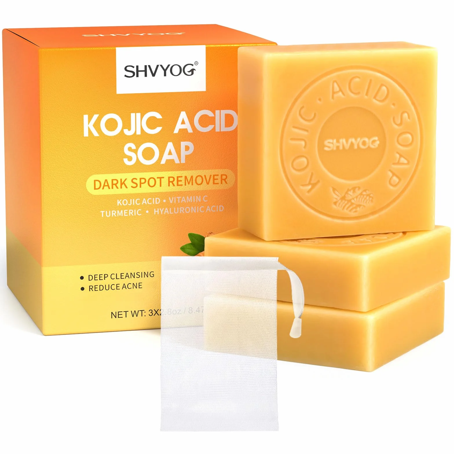 Savon à l'Acide Kojique et Curcuma, Savonnette 3x80g pour Points Noirs, Acné et Taches Foncées