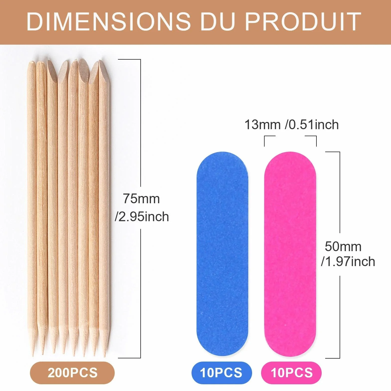 Bâtonnets Cuticules en Bois D'oranger 200 Pcs avec Lime à Ongle pour Manucure