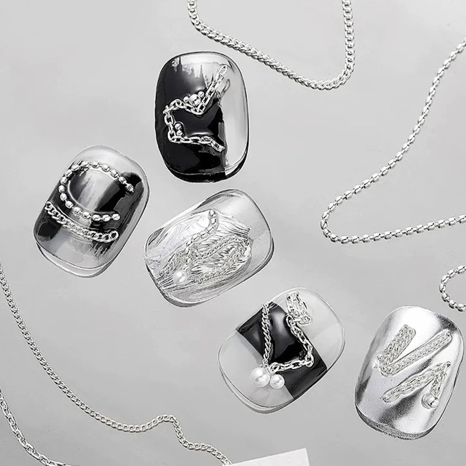 NICENEEDED 12 Bandes de Chaînes à Clous 3D pour Bijoux Ongles Or Argent Gris Foncé Accessoires Nail Art Métal