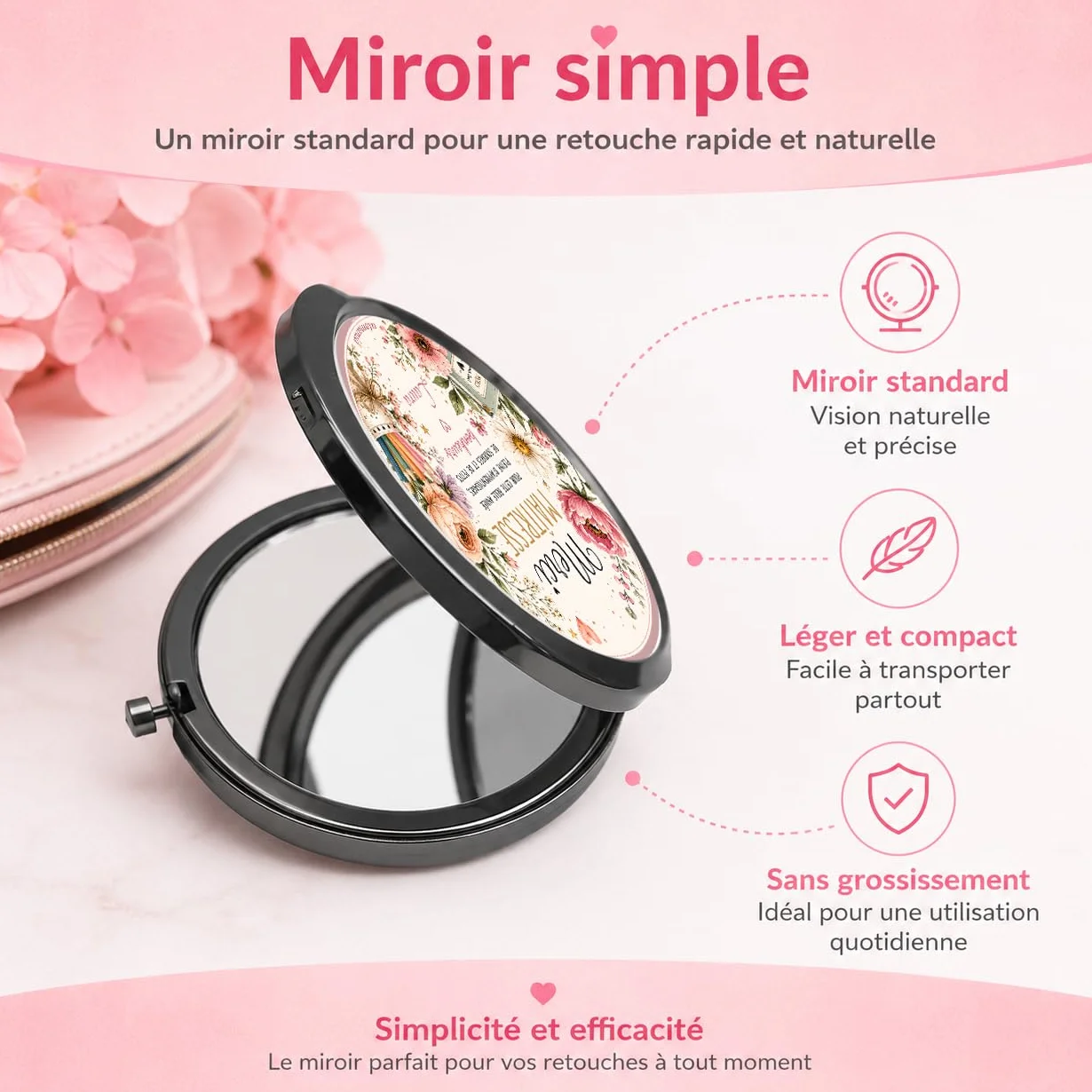 Miroir de Poche Personnalisé Merci Maîtresse – Cadeau Fin d'Année Scolaire – Miroir Compact