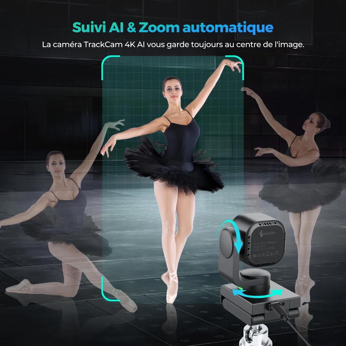 Angetube Webcam 4K avec contrôle par Geste et Suivi AI – caméra Streaming USB 3.0 avec Double Microphones et réduction du Bruit, autofocus TOF, 1080P 60FPS, HDR, pour PC, Ordinateur Portable et Mac