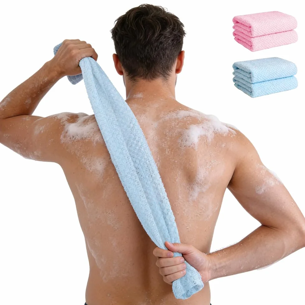 Serviette Exfoliante Douche 2 Pièces Brosse de Dos Gant Exfoliant Éponge Gommage Corps Rose Bleu