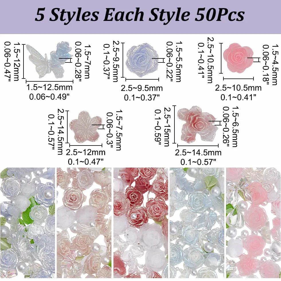 Arricraft 250 pcs Cabochons Ongles Forme Rose 5 Styles Résine Nail Art Décoration Femmes DIY