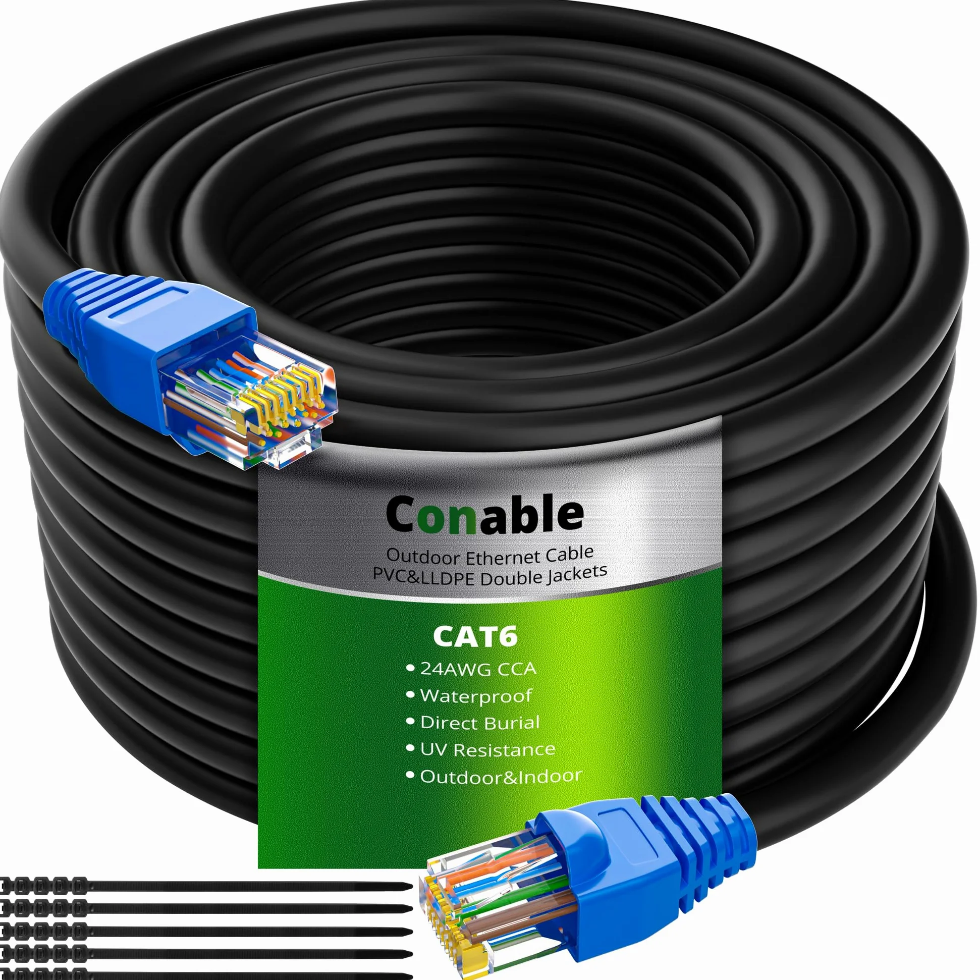 Câble Ethernet d'extérieur Cat6 de 45,7 m, câble Internet double gaine robuste, étanche, à enfouissement direct, (de 7,6 m à 150,2 m) prend en charge le réseau PoE Cat6, Cat5e, Cat5, Cat 6, RJ45 avec