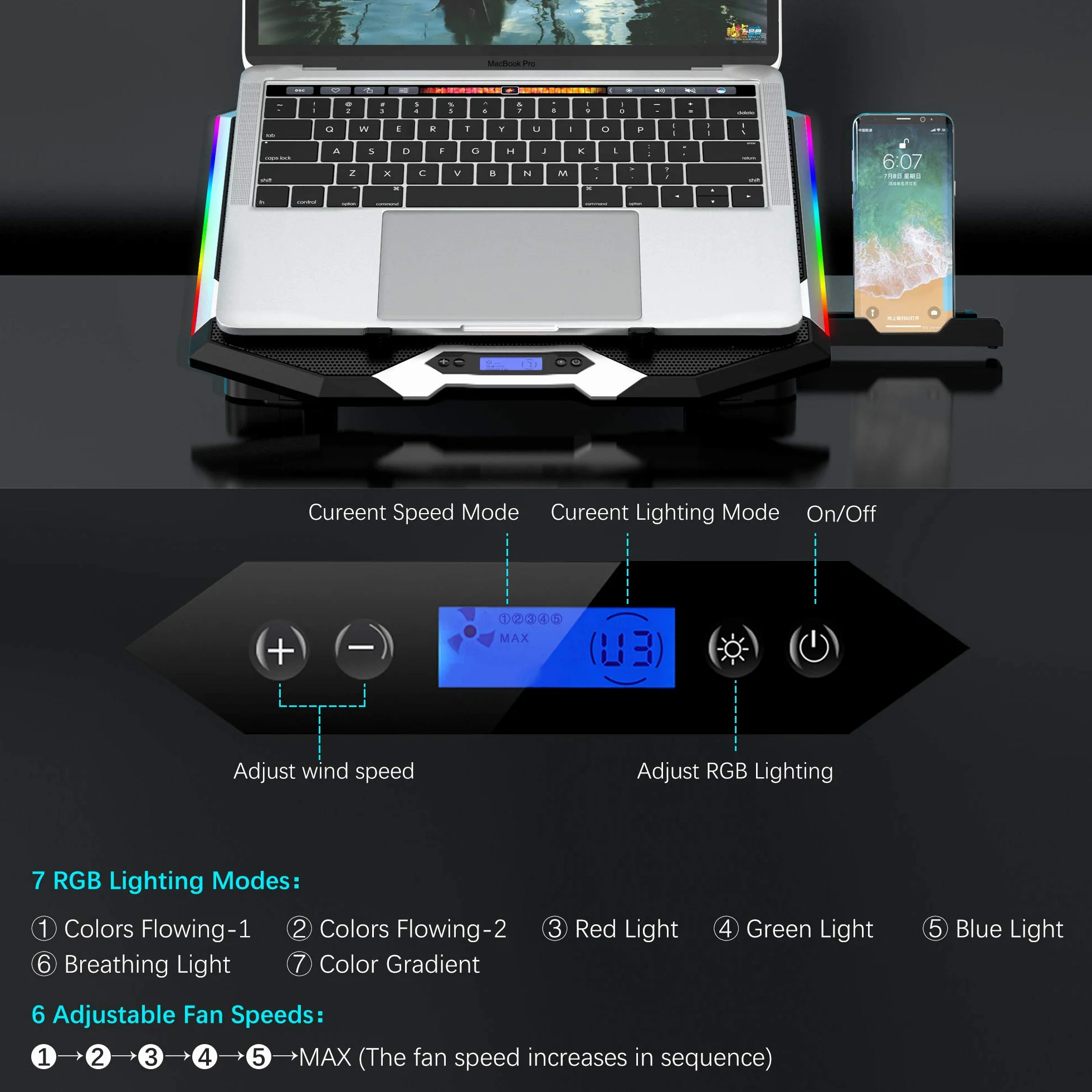 TopMate C11 Laptop Cooling Pad RGB Lighting Cooler Fan 6 Fans 11-17.3"
