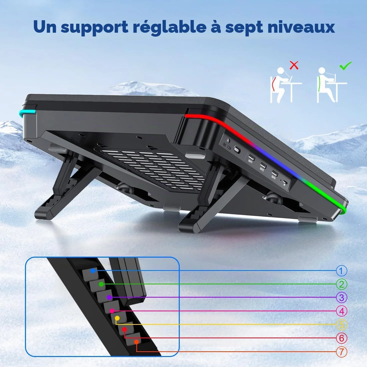 IETS GT600 Tapis de refroidissement RVB pour ordinateur portable avec ventilateur turbo 14 cm
