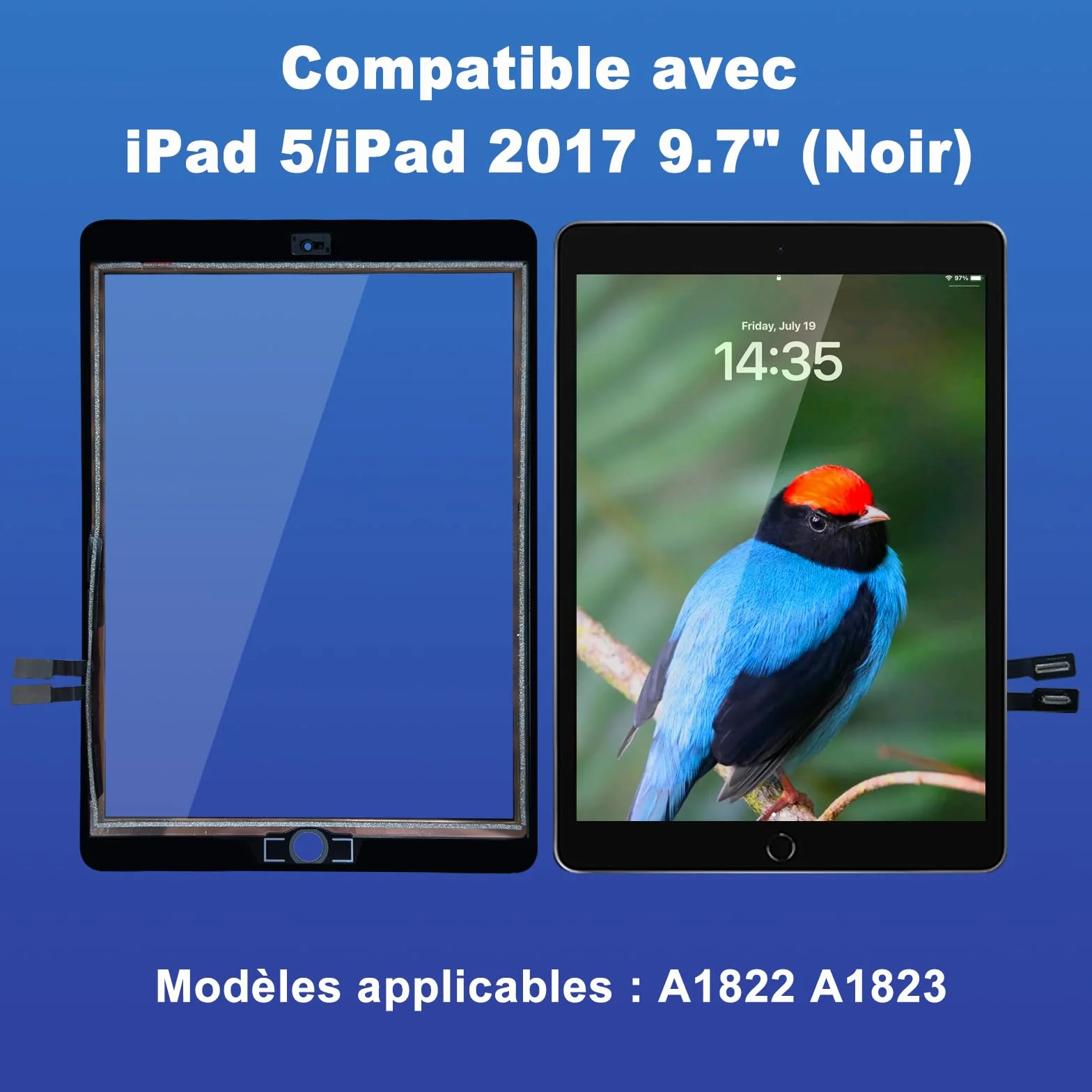 NB+ Écran Tactile iPad 5ème Génération 9.7" Remplacement 2017 Digitizer Adhésif Pré-installé A1822 A1823 Noir