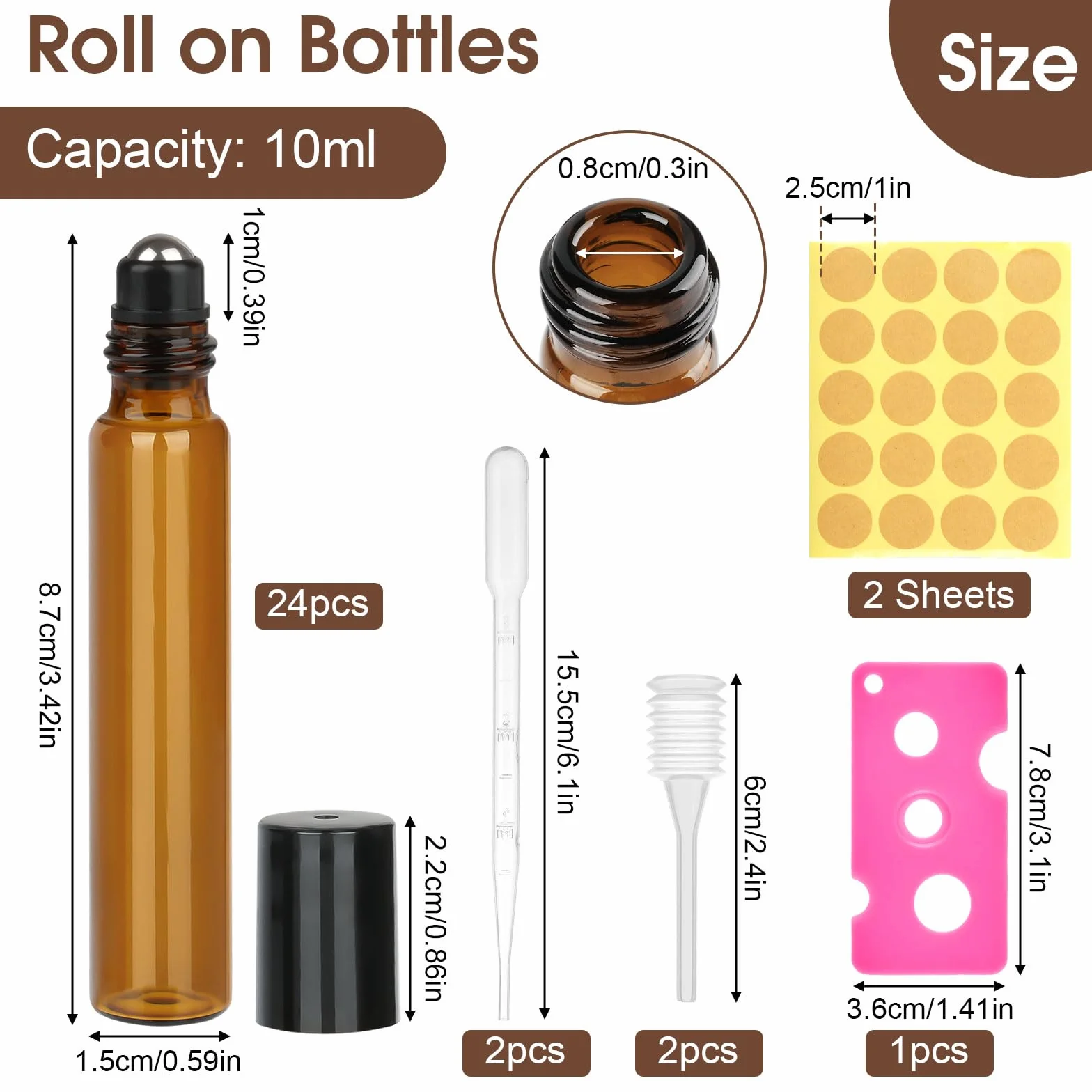 Lot de 24 bouteilles en verre roll on pour huile essentielle, acier inoxydable, marron, avec décapsuleur et étiquettes