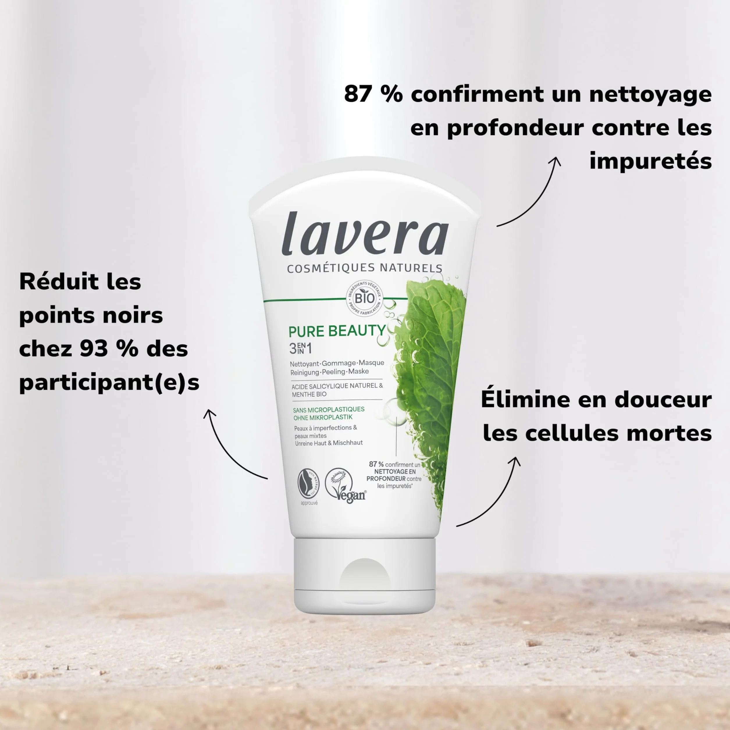 lavera Pure Beauty 3en1 Nettoyant Gommage Masque 125 ml vegan