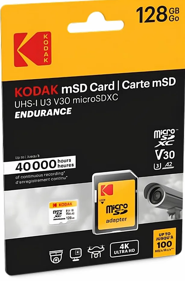 Kodak Carte MicroSD 128Go Haute Endurance + Adaptateur SD | UHS-I U3 A2 V30 | UHS-I U3, A2, V30
