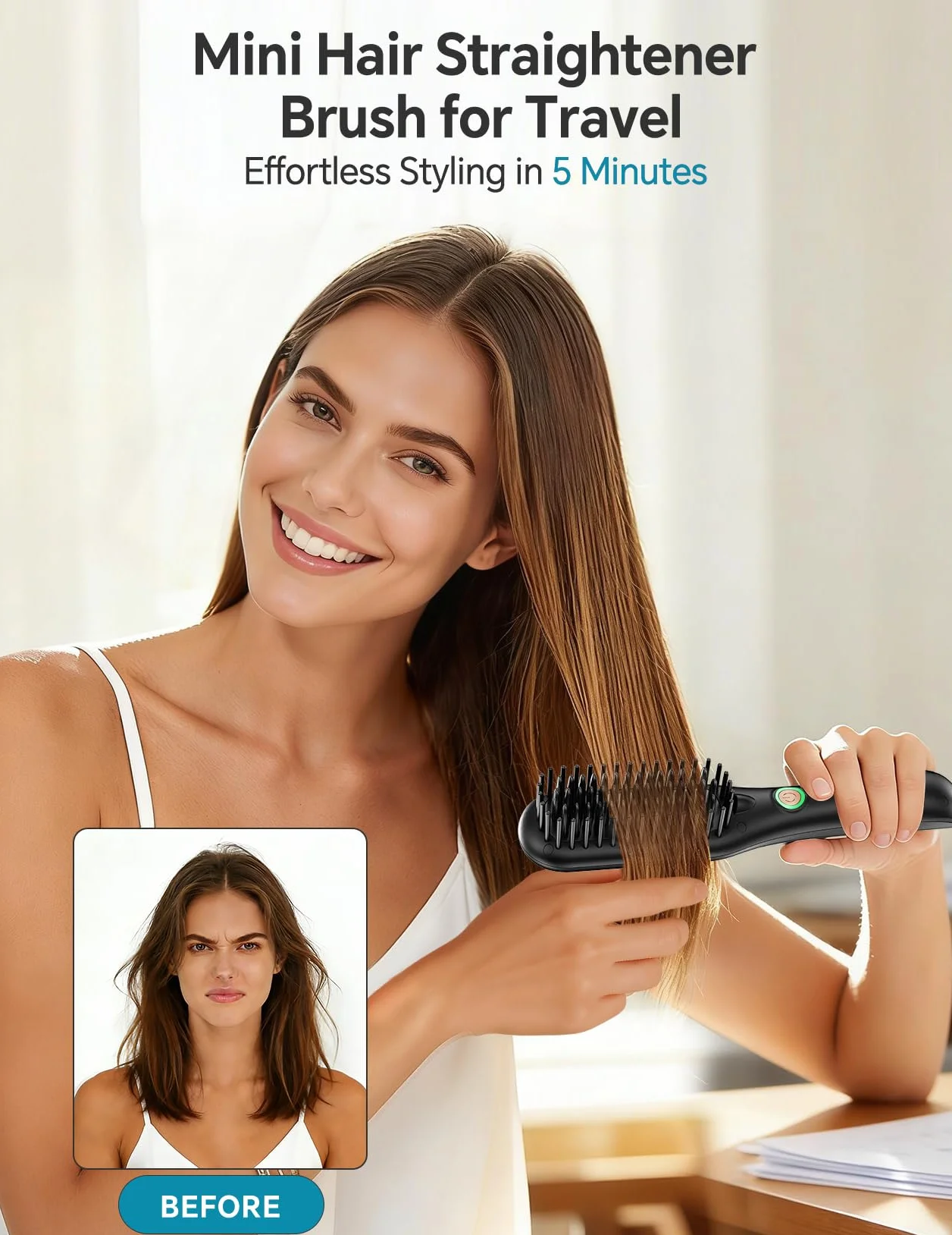 LANDOT Mini Brosse Lissante Filaire Cheveux Courts à Mi-Longs Céramique Ionique 3 Températures 160°C-220°C Anti-Frisottis Noir