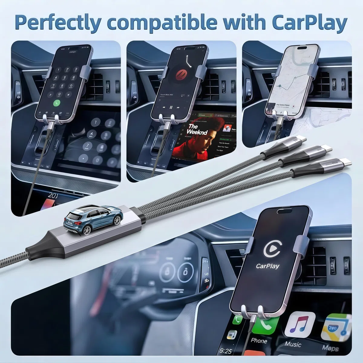 Câble de charge répartiteur USB C, câble de charge double de type C, câble multiple 3 en 1 en nylon tressé avec 3 connecteurs de type C compatible avec IP 15 Pro Max/Galaxy/Tablettes/Google