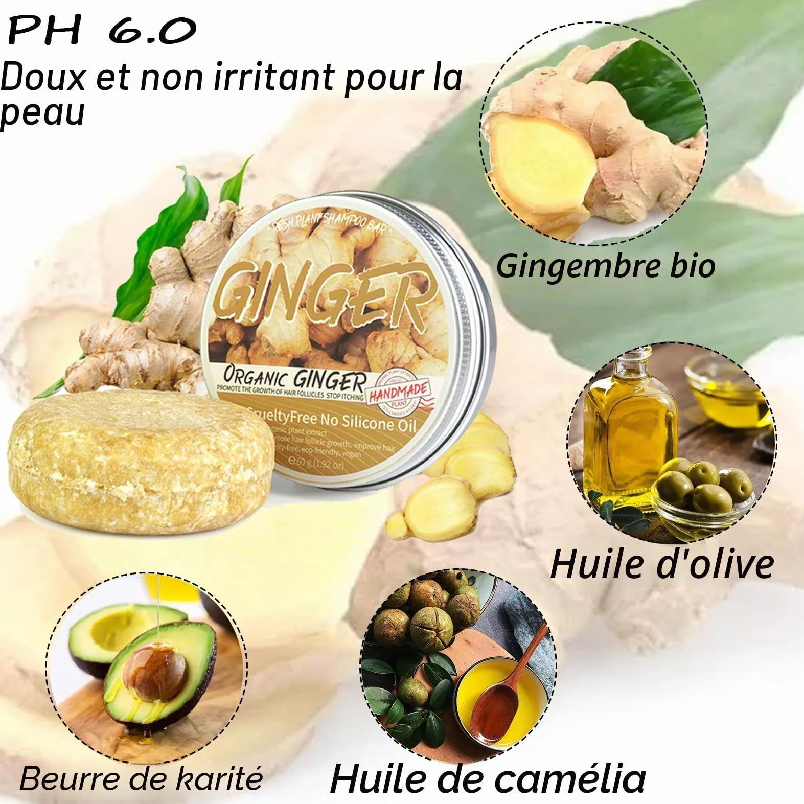Barre de shampooing au gingembre bio anti-chute cheveux savon plantes naturelles