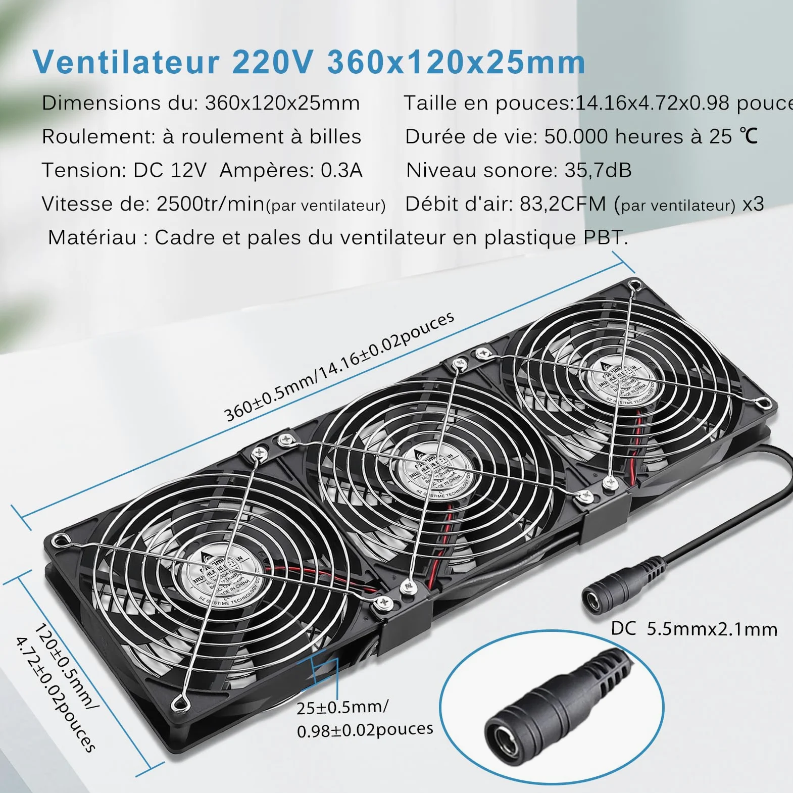 GDSTIME 3x 120mm Ventilateur 220V 360mm Fan à roulement à billes Réglable | Ventilateur pc 360mm 220v fan 3x 120mm Ventilateur pc 230v Contrôleur de Vitesse Réglable pour Meuble Serveur Convertisseur