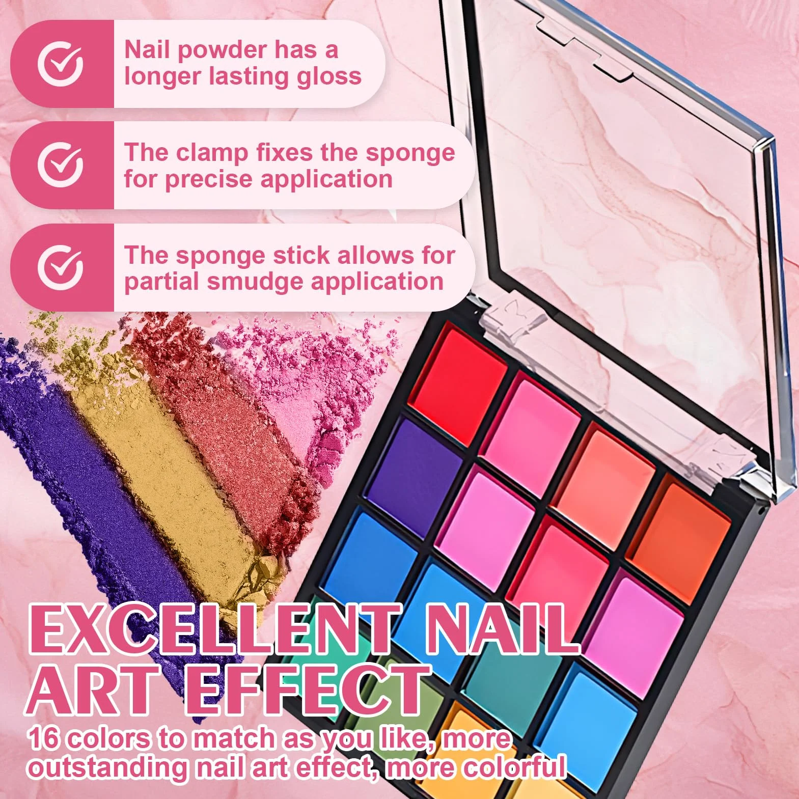 Poudre Chrome Ongle 16 Couleurs Kit Nail Art avec Pigment, Éponges et Pince à Épiler