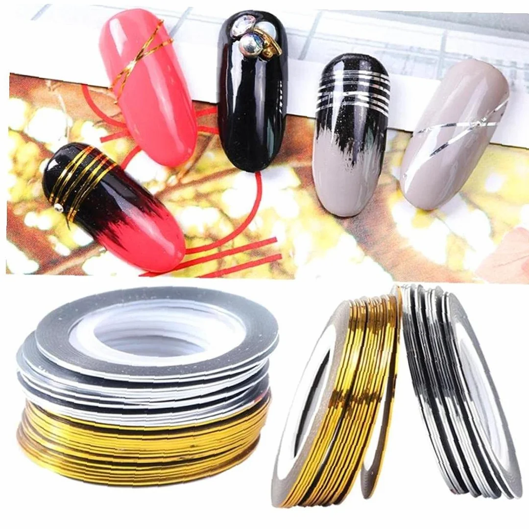 Ruban Striping À Ongles 20 Rouleaux Décalcomanies Rayures Ligne Stickers Bandes Coiffeur DIY Nail Art Or Argent