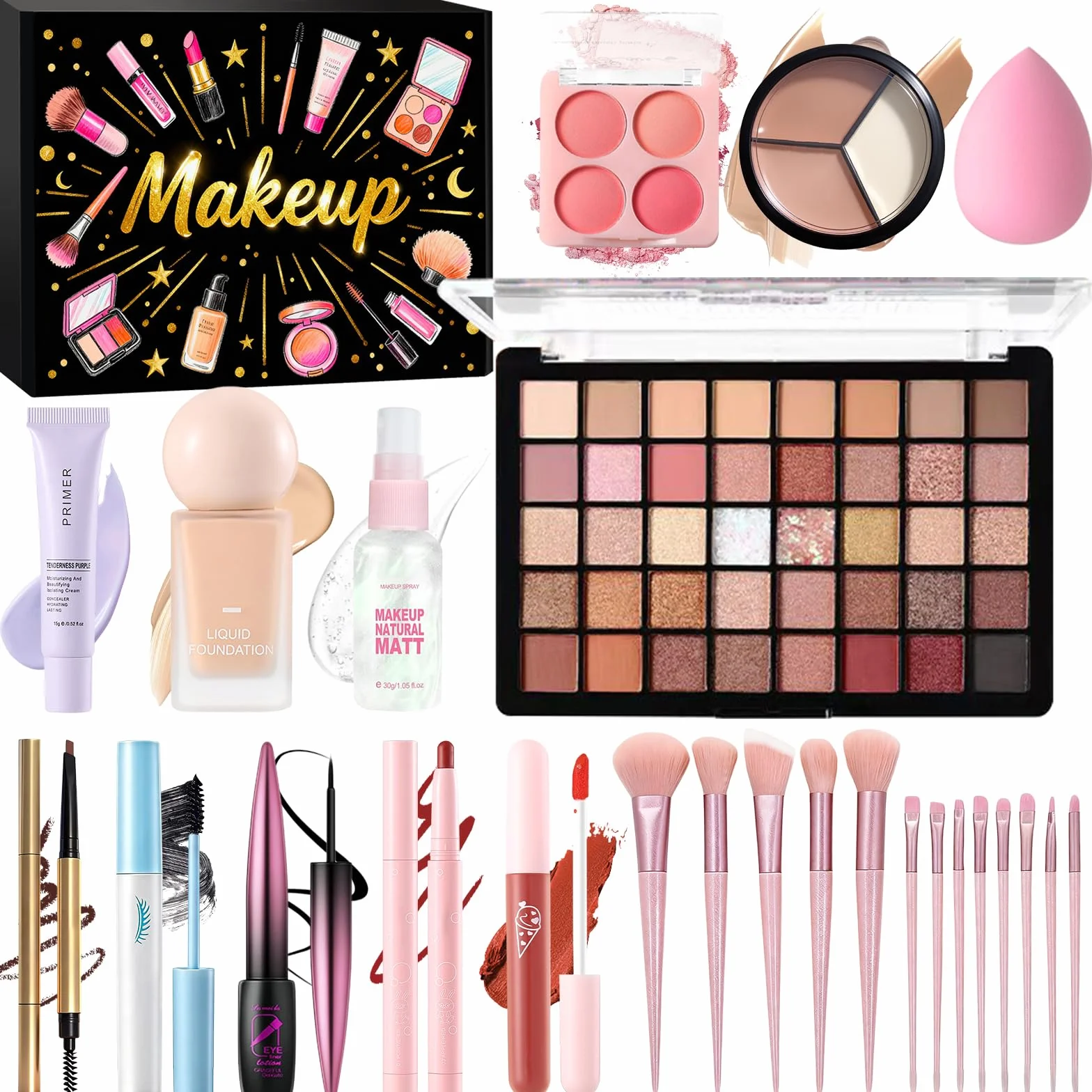 Coffret Maquillage Femme Professionnel avec Ombres Paupière Fond de Teint Lipgloss Blush Correcteur Mascara Eyeliner Pinceaux