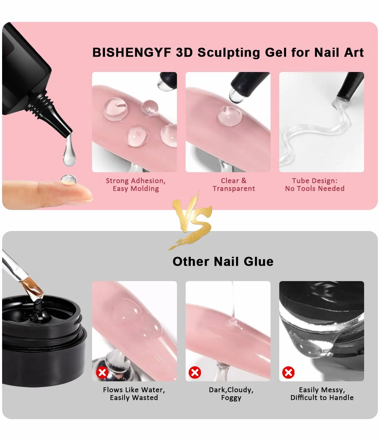 Gel à Gel 3D Ongle Multifonctionnel 15g Nail Art Sans Essuyage Chrome Argent/Or Poudre Jaune Perle Rose