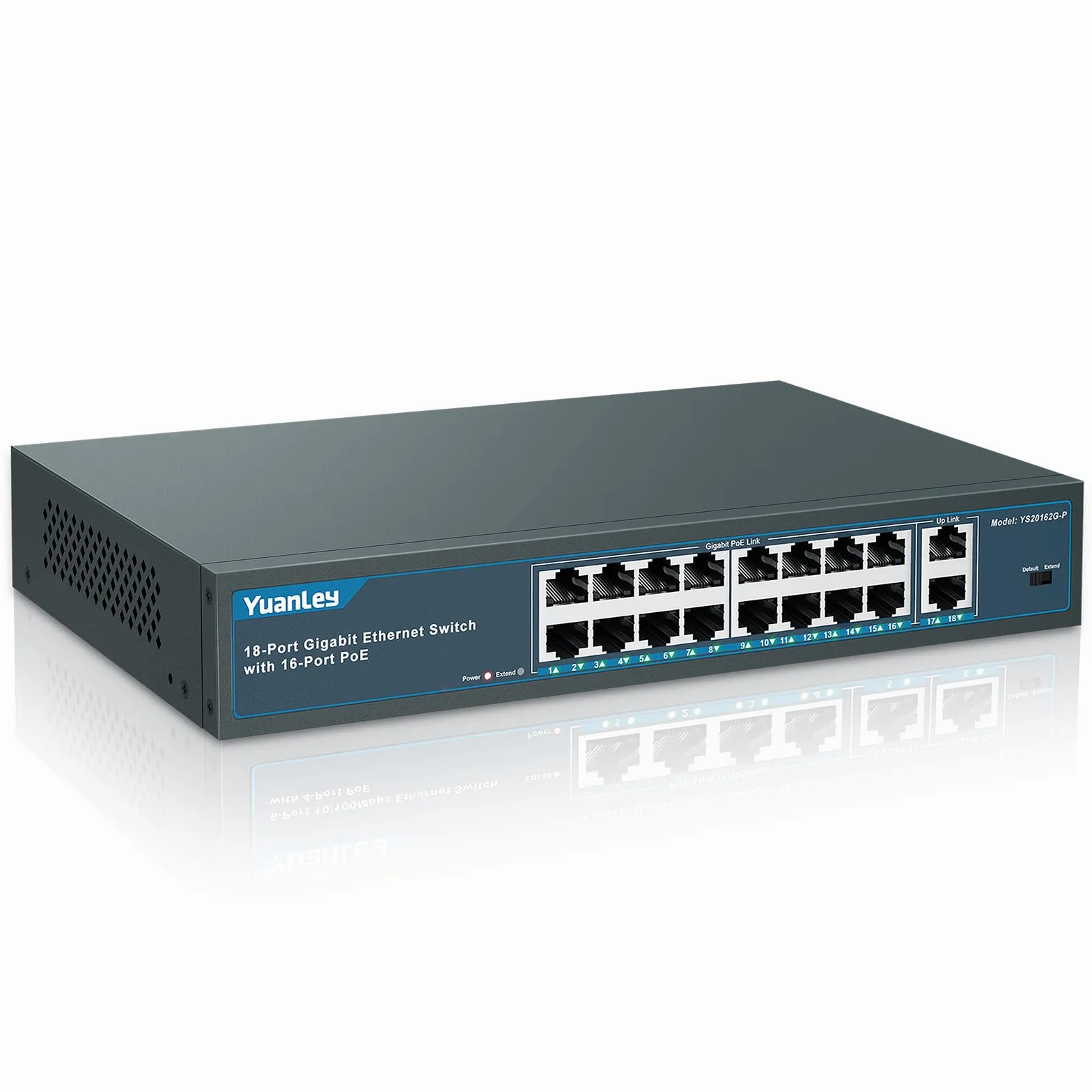 YuanLey 18 Ports Gigabit Switch PoE , 16 Ports PoE + 1000 Mbps, 2 Gigabit Uplink, 250W 802.3af/at, Bureau/Rack en Métal, Réseau Plug and Play Non géré Switch