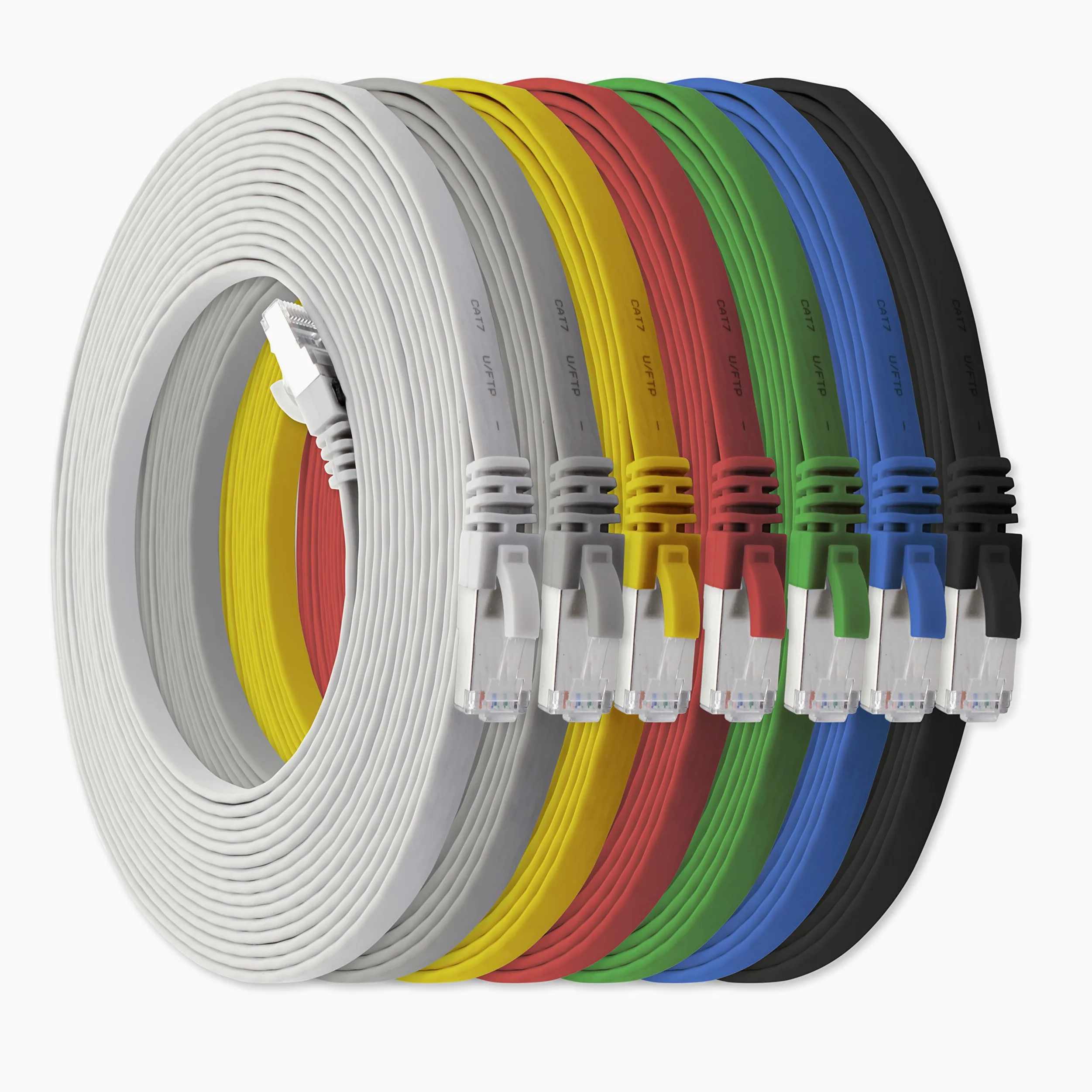 7,5 m - 7 couleurs - 7 pièces Câble réseau plat Cat7 Câble brut Cat 7 Câble ruban Gigabit Lan (10 Gbit/s) Câble d'installation Câble de raccordement plat mince Prise Rj 45 Cat6a