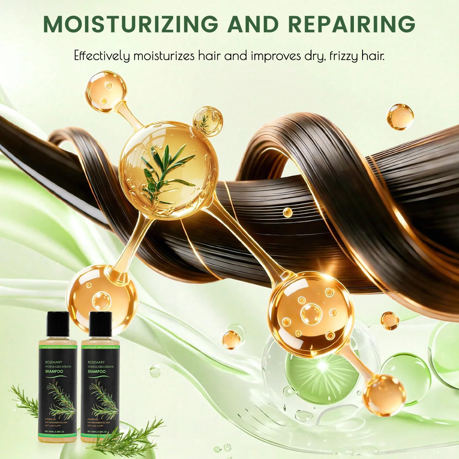 Shampooing au romarin pour la croissance des cheveux, épaississant naturel à la kératine hydrolysée