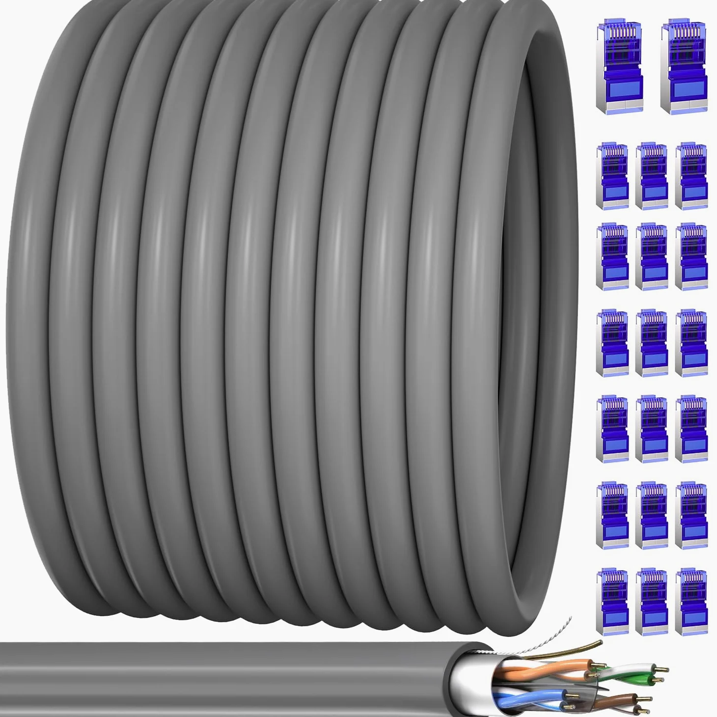 Câble Ethernet Cat 6 d'extérieur de 100 m (20 RJ45), câble Ethernet blindé 23 AWG Cat 6 en vrac, FTP, étanche, enfouissement direct, dans la terre, résistant aux UV, réseau, LAN, Internet, câbles Cat6