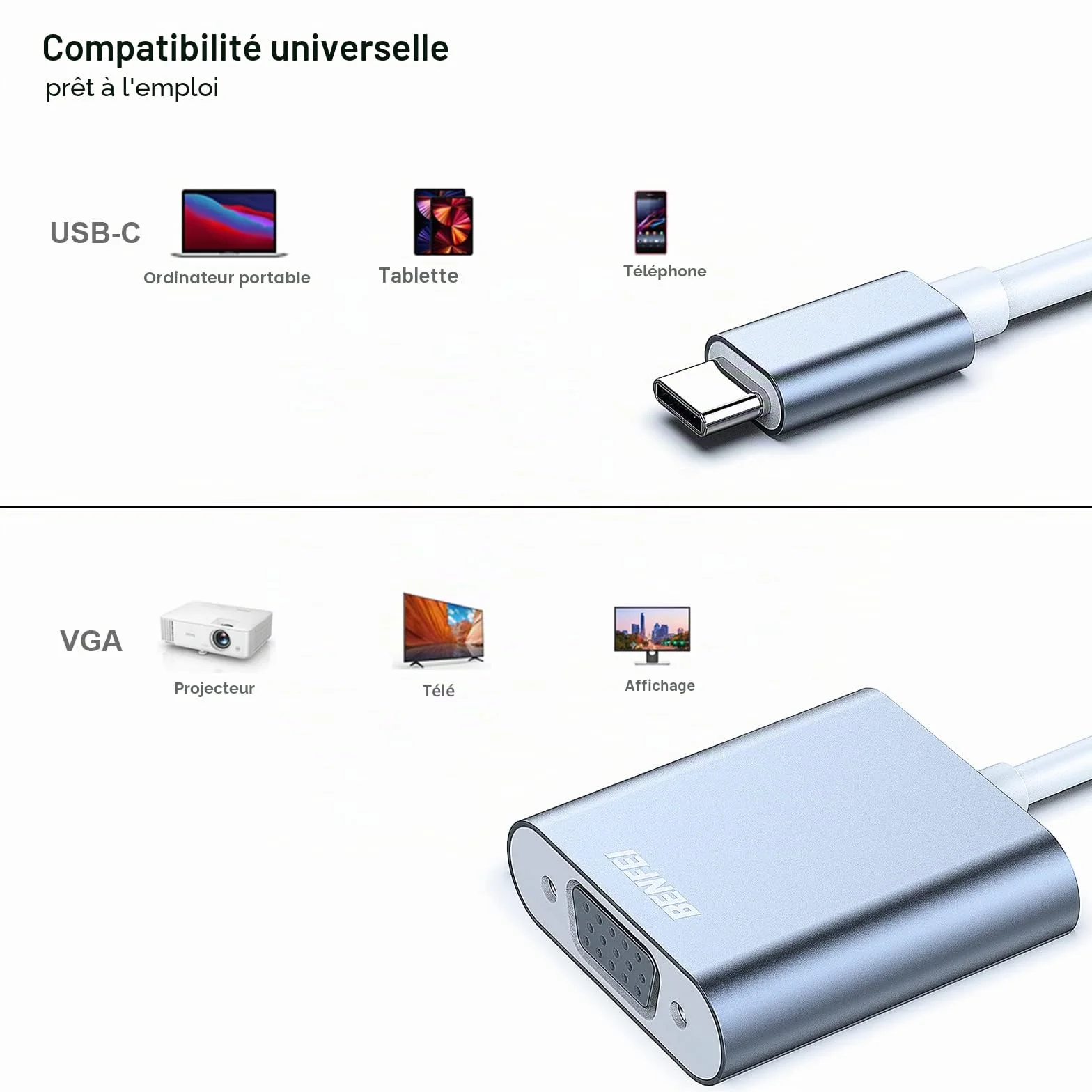 BENFEI Adaptateur USB C vers VGA Thunderbolt 3/4 Compatible MacBook Pro iPhone 15 Aluminium