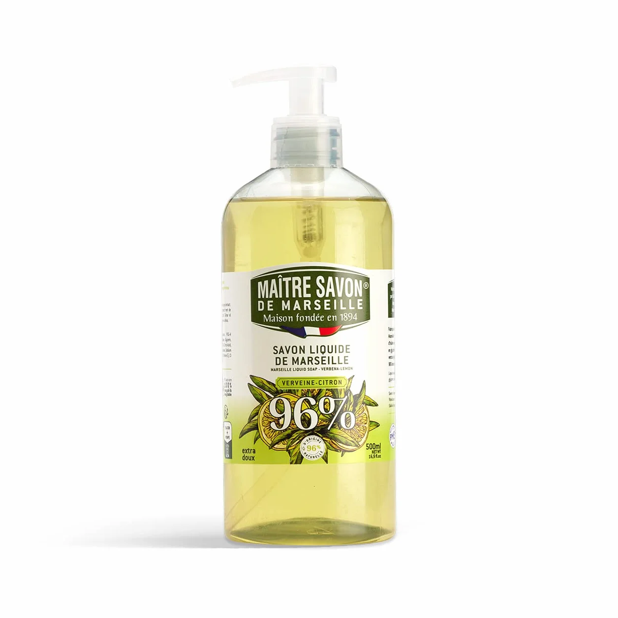 Maître Savon de Marseille Savon de Marseille liquide VERVEINE-CITRON 500ml 96% d'origine naturelle