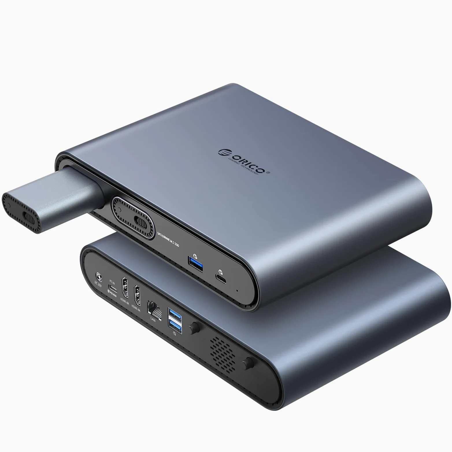 Station d'accueil ORICO 10-en-1 USB-C avec Double Boîtier SSD M.2 NVMe/SATA, USB 10Gbps, Double HDMI 4K@60Hz, PD 60W, RJ45 - pour MacBook Pro/Air (PTM2)