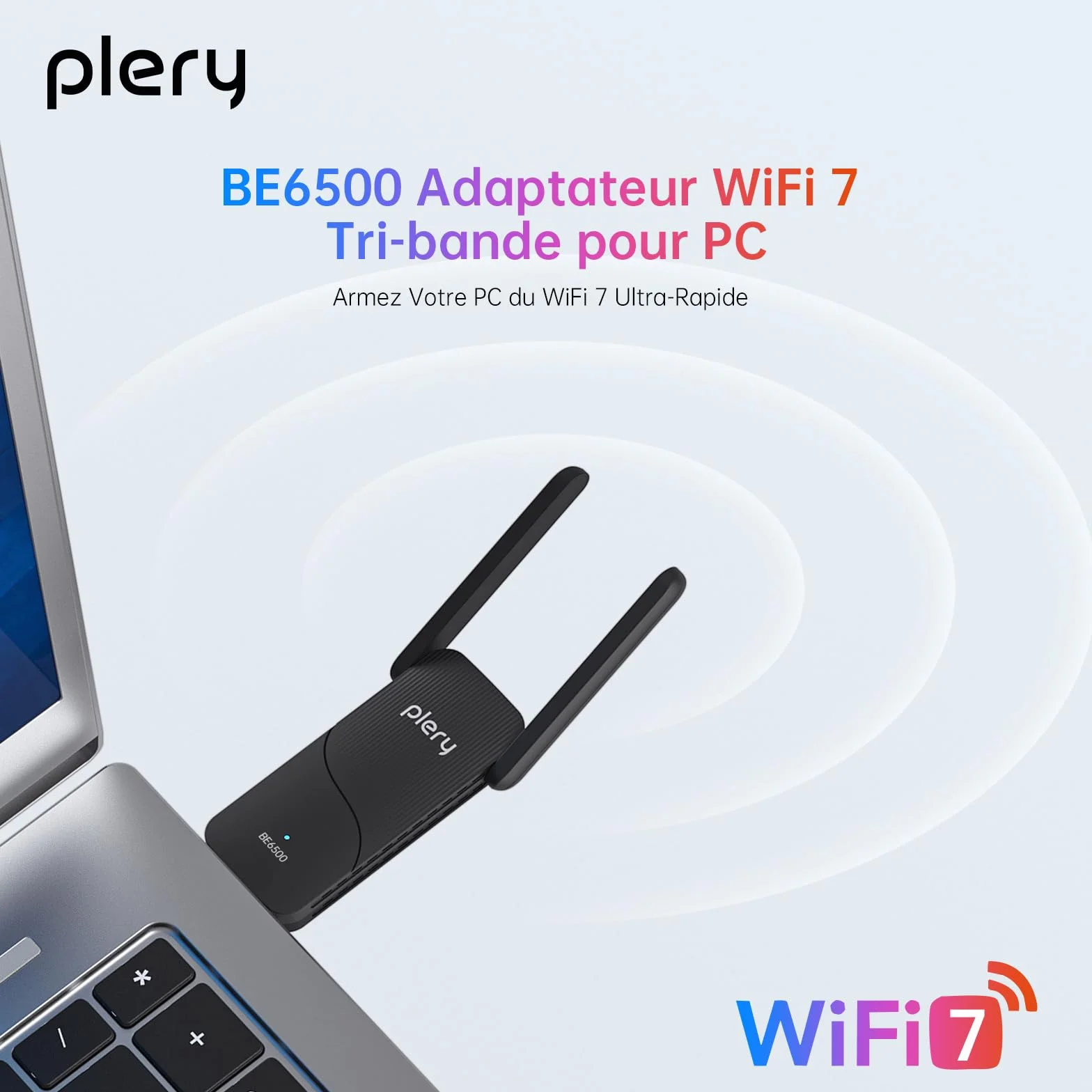 BE6500 Clé WiFi 7 Adaptateur Réseau sans Fil Tri-Bande 6GHz 5GHz 2.4GHz USB Longue Portée Antenne à Gain Élevé Compatible Windows 11/10 WPA3