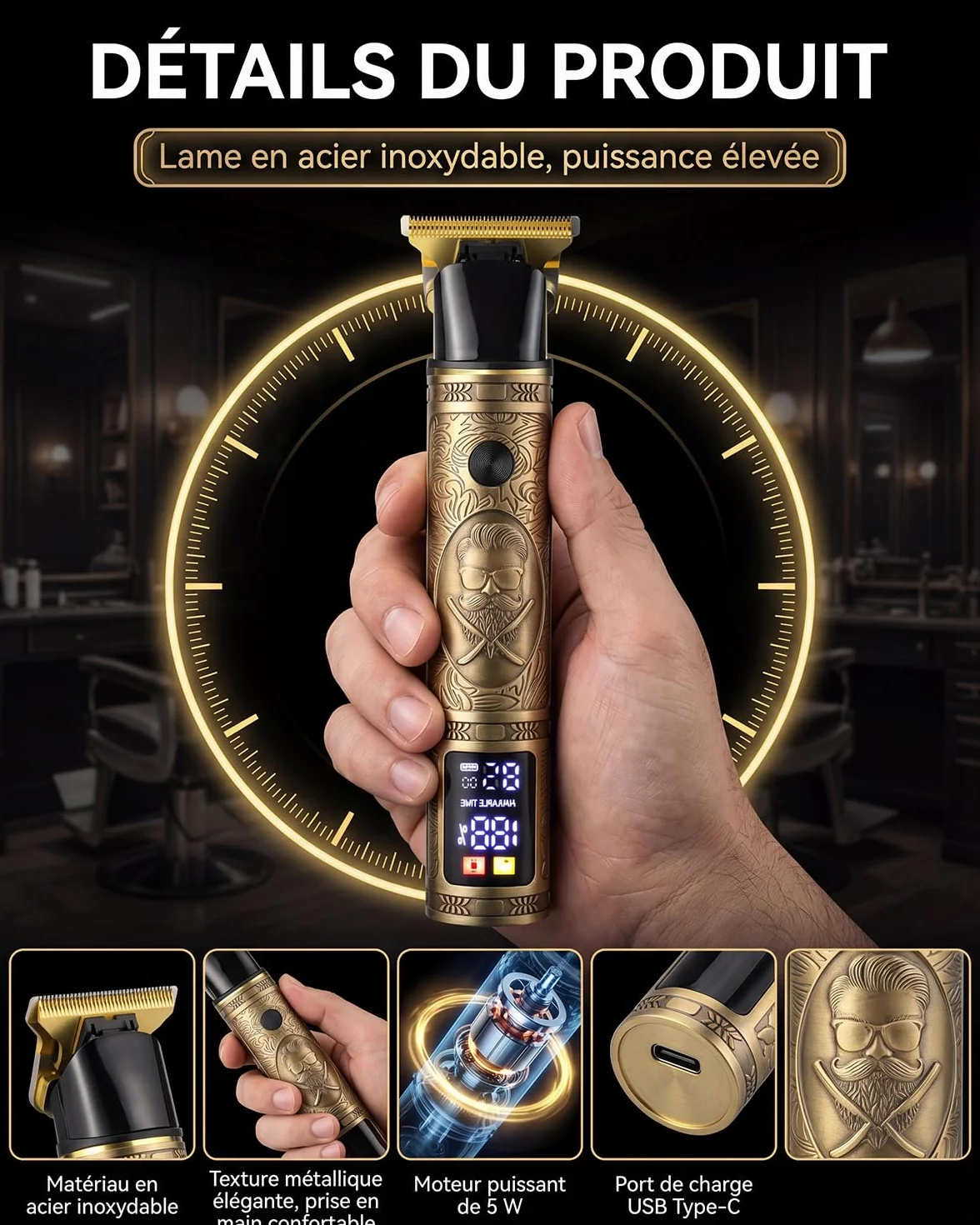 Tondeuse Cheveux Homme Sans Fil IPX7 Étanche avec Écran LED, Tondeuse Barbe Zéro écart Rechargeable Professionnelle