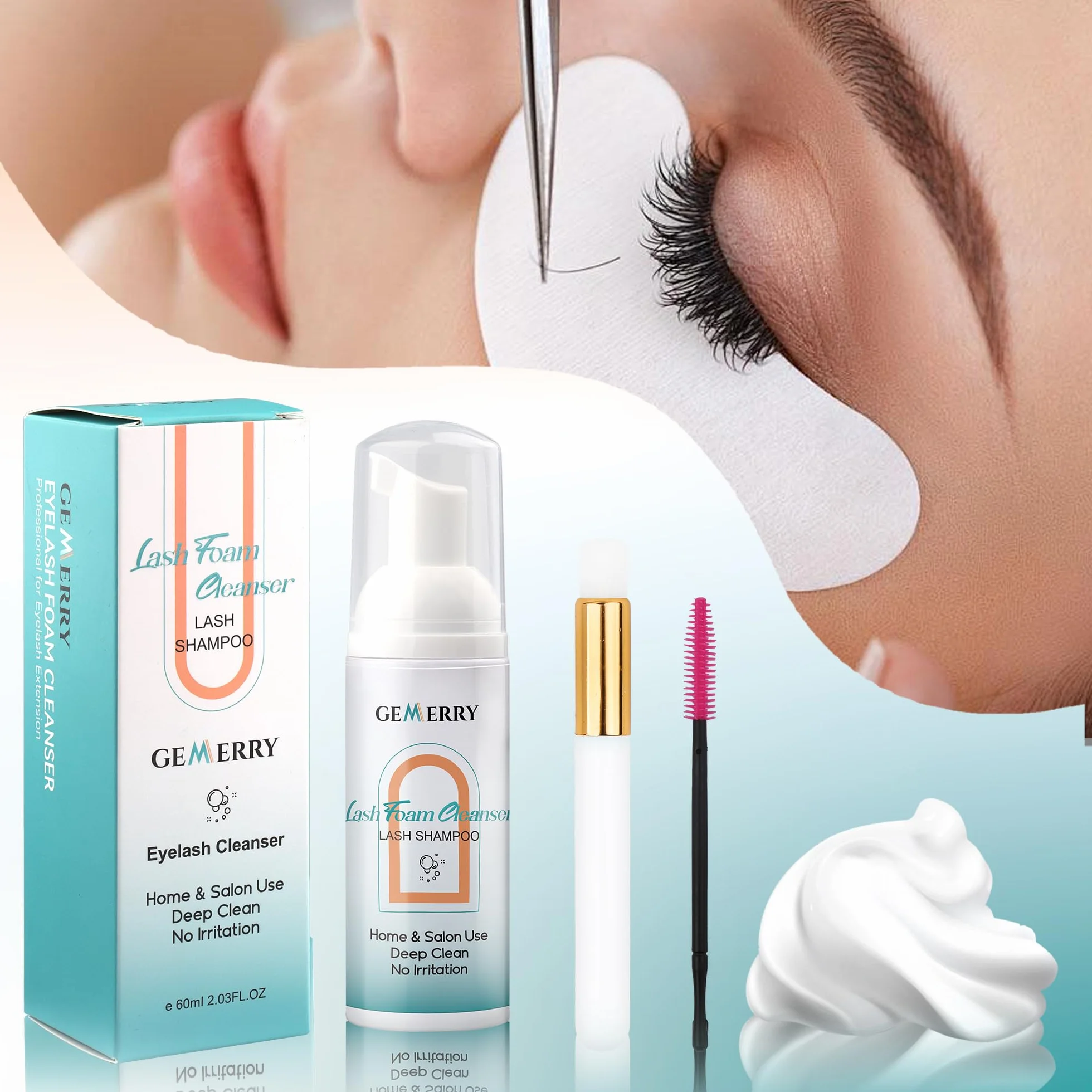GEMERRY 60 ml Shampoing Cils Extension Nettoyant avec Brosse de Nettoyage