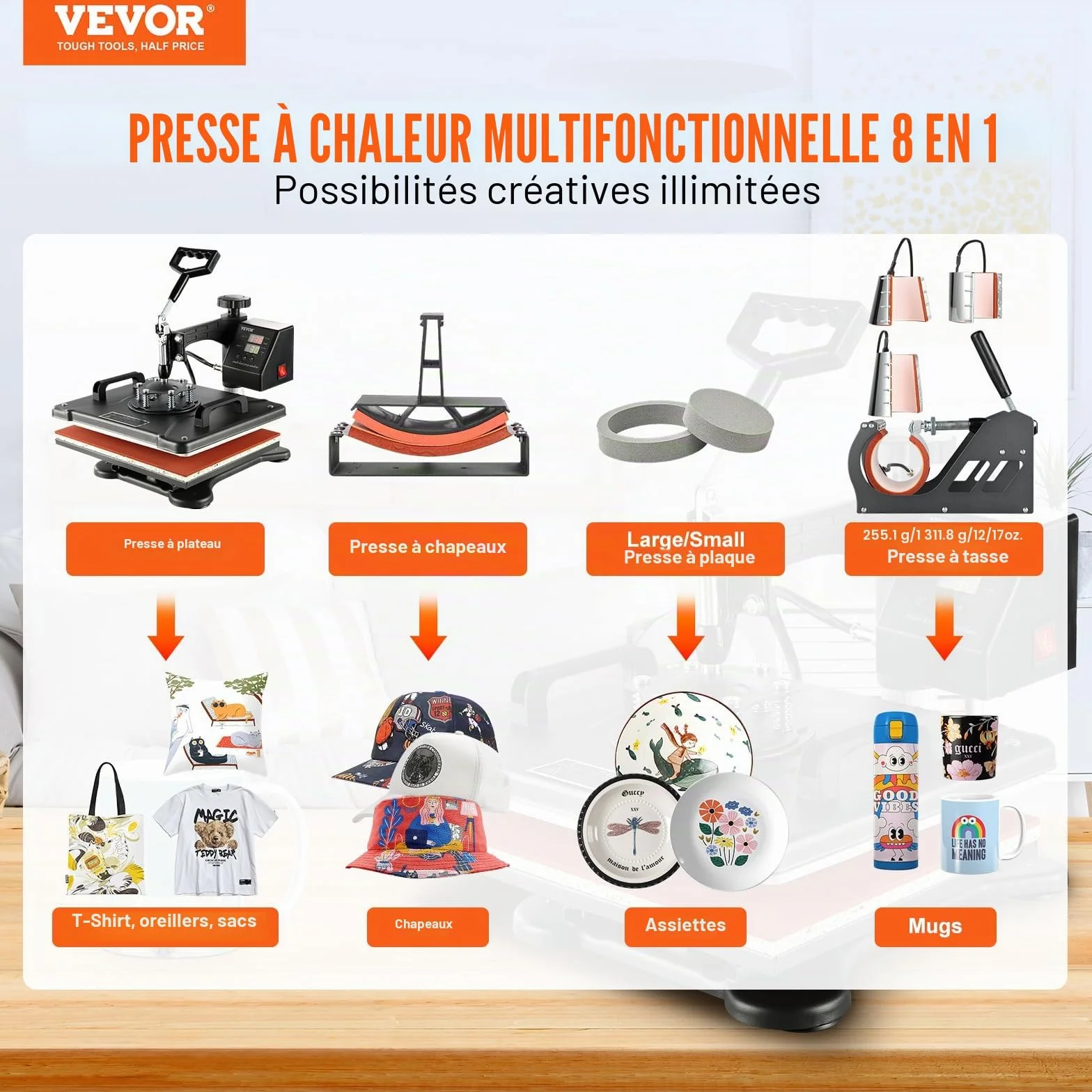VEVOR Presse à Chaud Numérique 8 en 1, Machine de Sublimation Textile 29x38 cm pour T-shirts Mugs Casquettes Assiettes