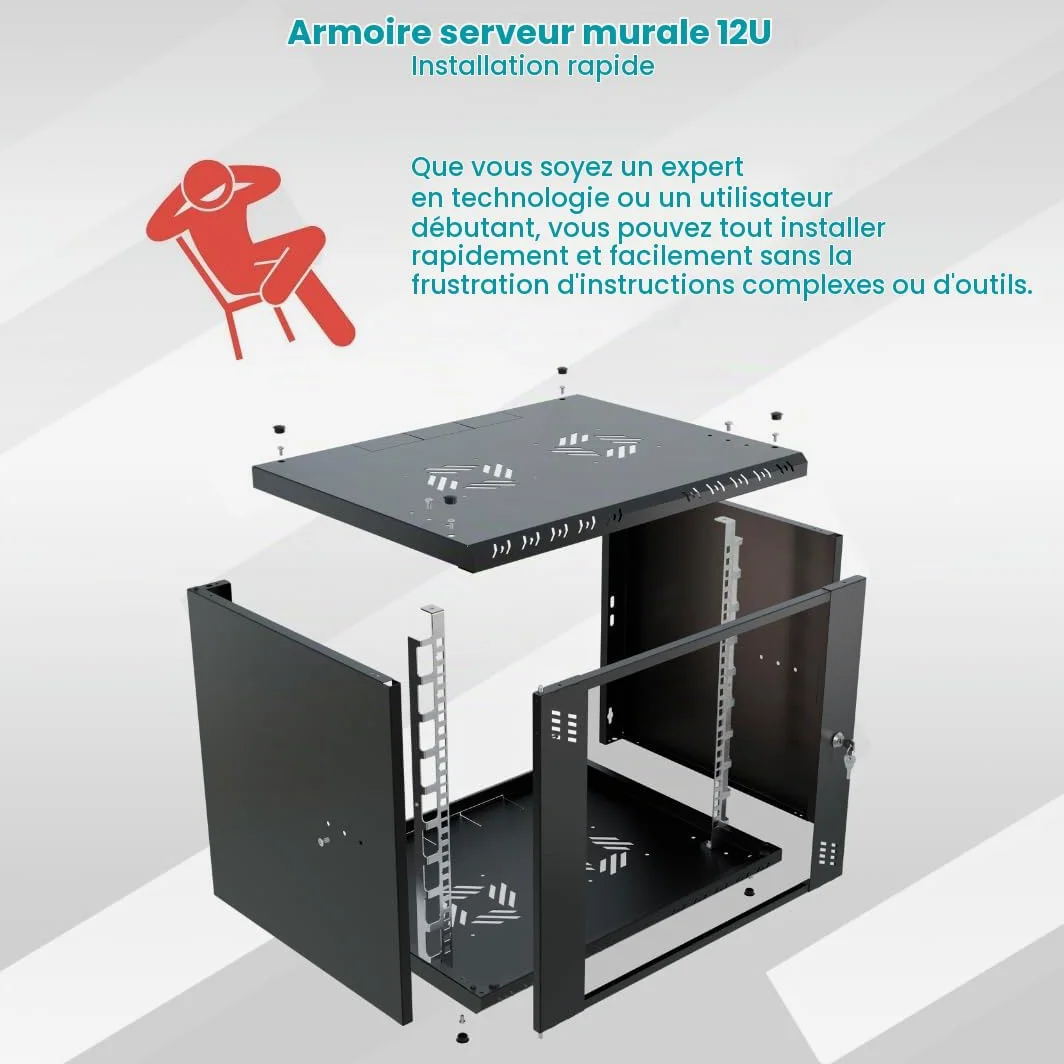 Armoire Réseau 19 Pouces - Baie Informatique 12U - Baie de Brassage pour Montage Mural - Capacité de Charge 55 kg - Profondeur 450 mm - Armoire Informatique - Noir