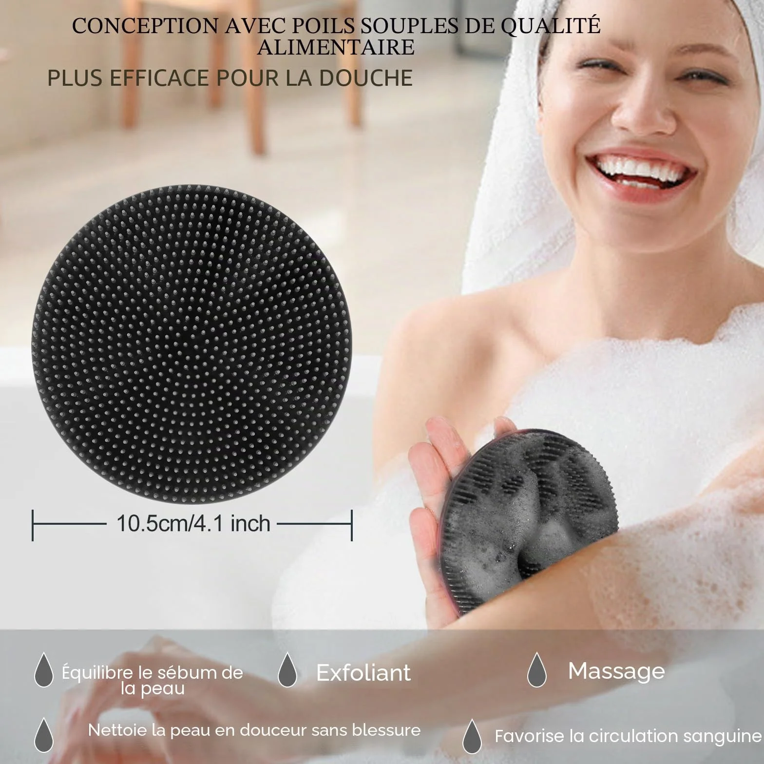 Brosse de douche en silicone souple de qualité alimentaire exfoliante douce et moussante noir