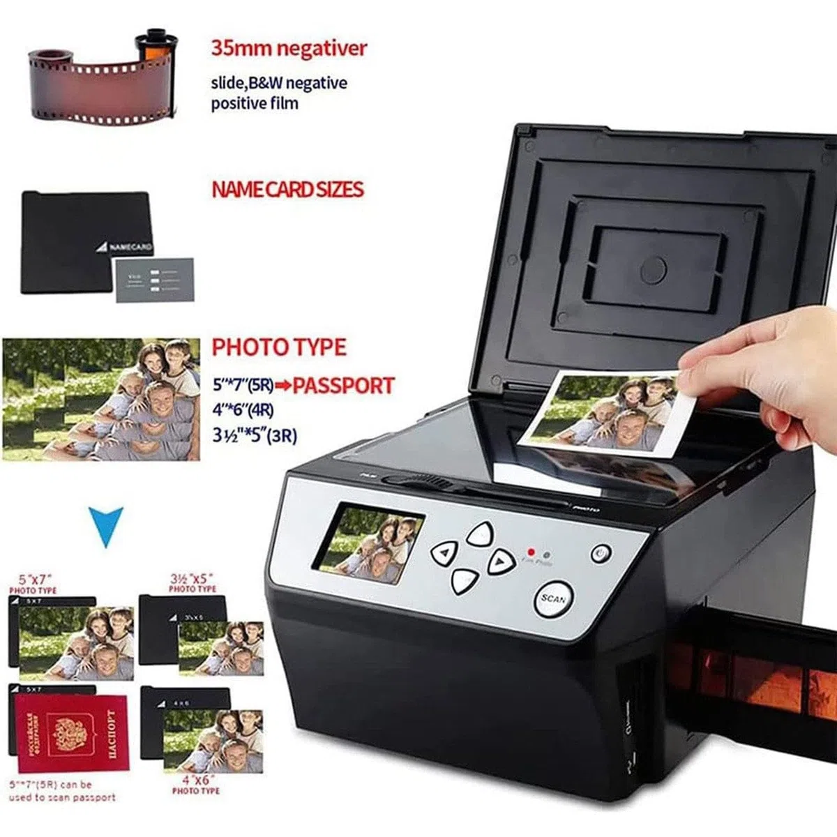 Scanner multifonction USB (film, diapositives et photos) - Convertit des films de 135 et 110 mm, des diapositives de 35 mm et des photos, des documents et des cartes de visite en fichiers Jpg
