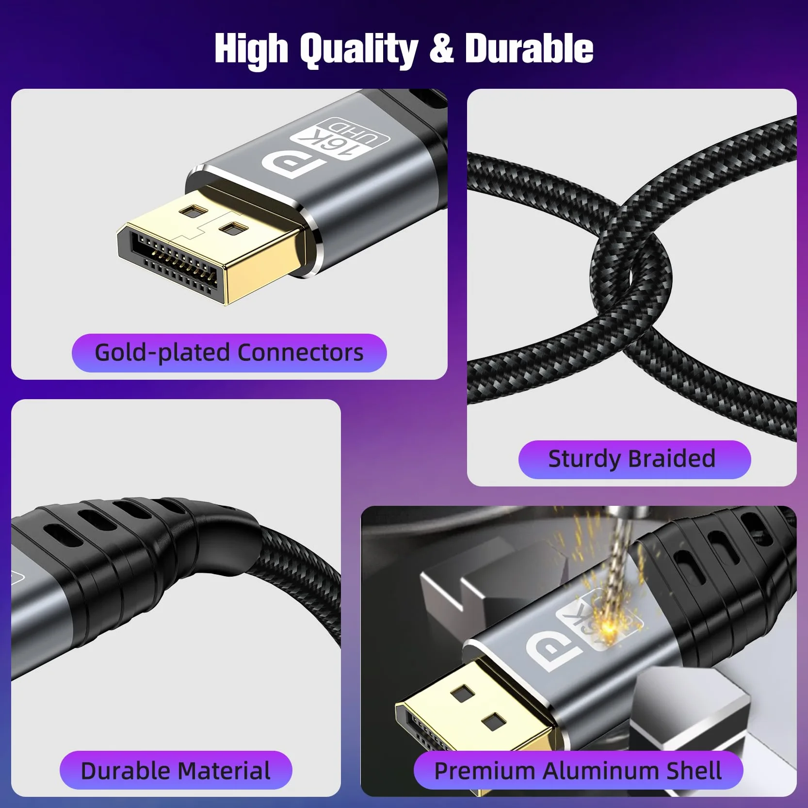 Câble DisplayPort 2.1 16K 1M 80Gbps Supporte 16K@60Hz 8K@120Hz HDR10 DSC 1.2a FreeSync G-Sync