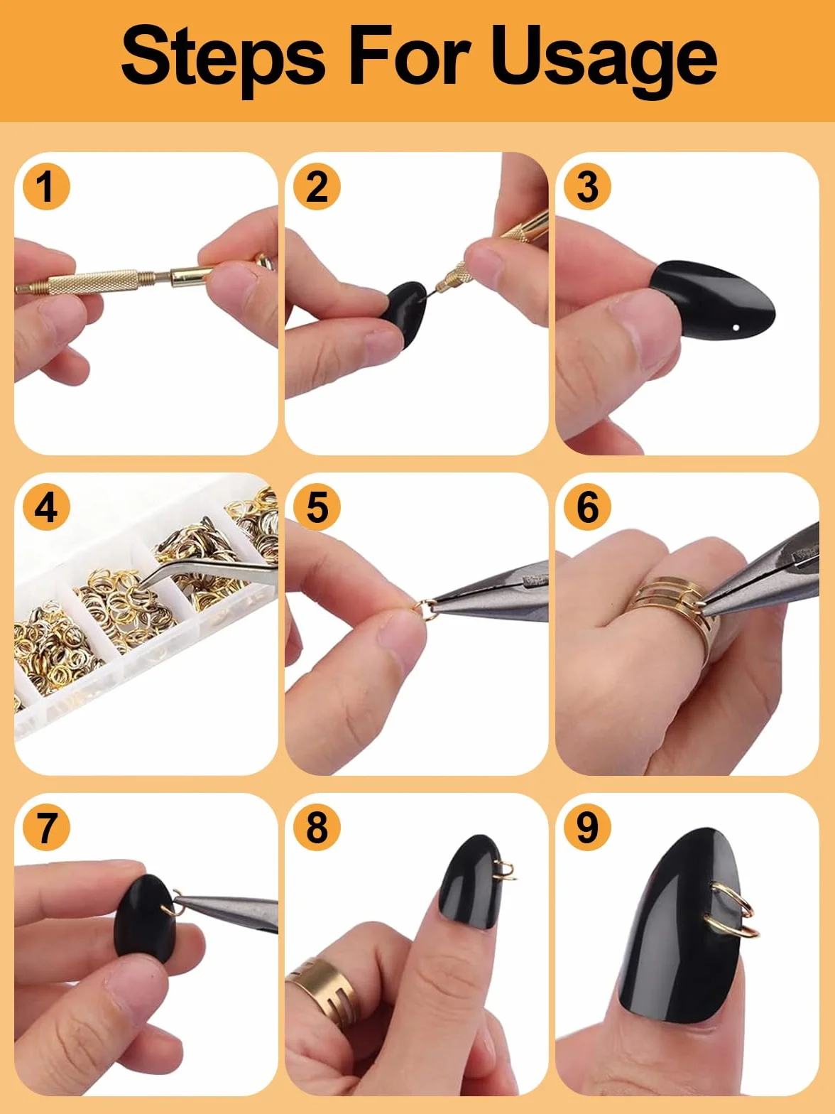 EBANKU 1014Pcs Nail Art Dangle Charms Piercing Tool Hand Drill, 6 tailles Open Jump Rings pour la fabrication de bijoux avec Jump Ring Opener, pinces et pinces