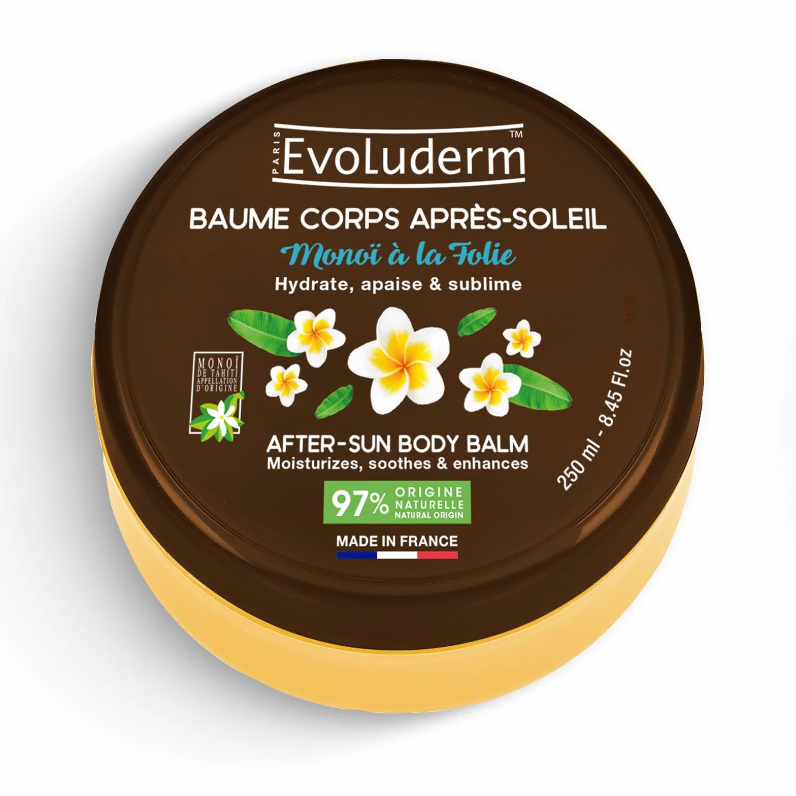 EVOLUDERM Baume Corps Après Soleil Monoï à la Folie 250 ml 97% d’Origine Naturelle Vegan Fabrication Française