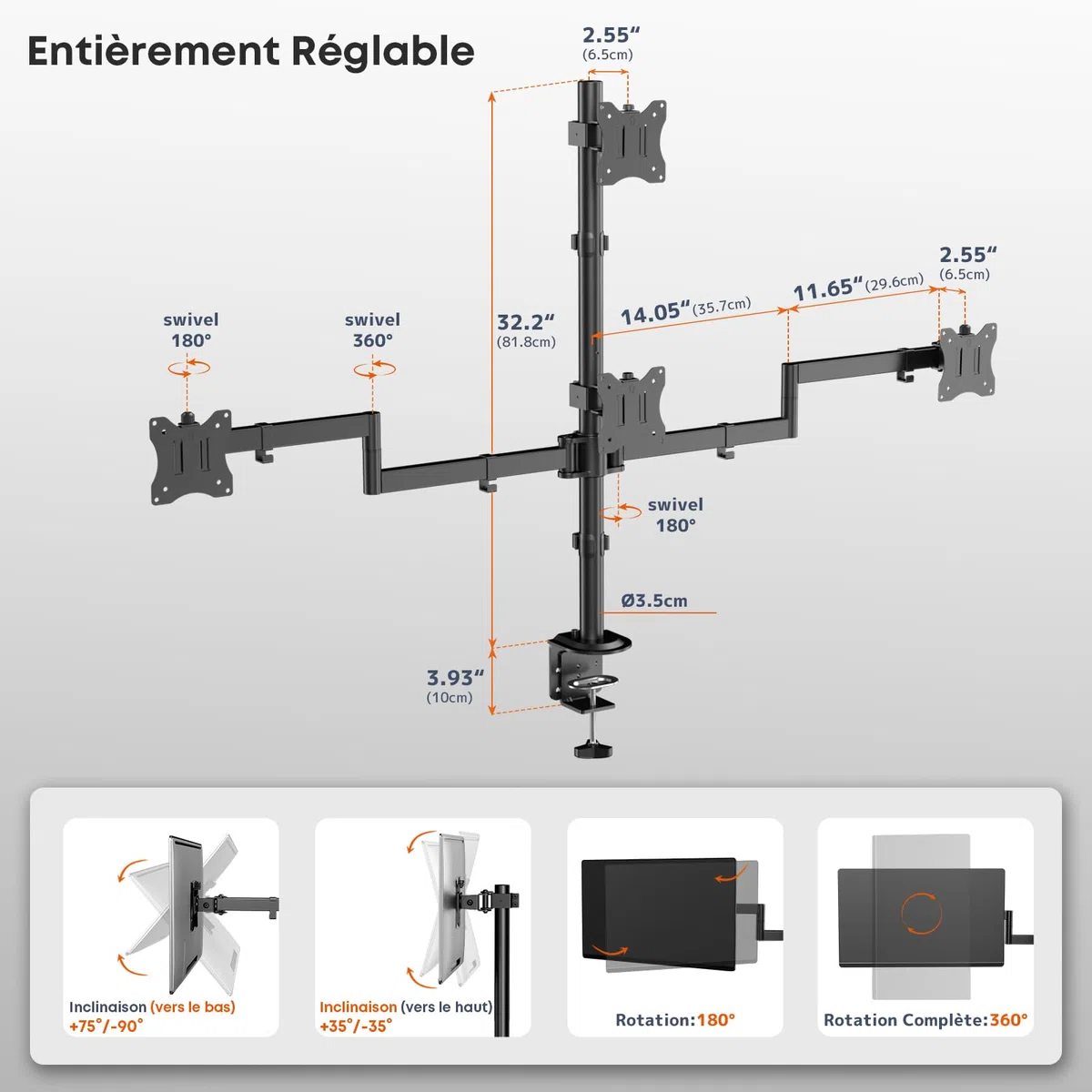 Support pour 4 Moniteurs 17"-27", Support de Bureau Réglable pour Écrans LCD LED, Montage Vertical, Poids Max 10 kg par Bras, VESA 75/100, Noir