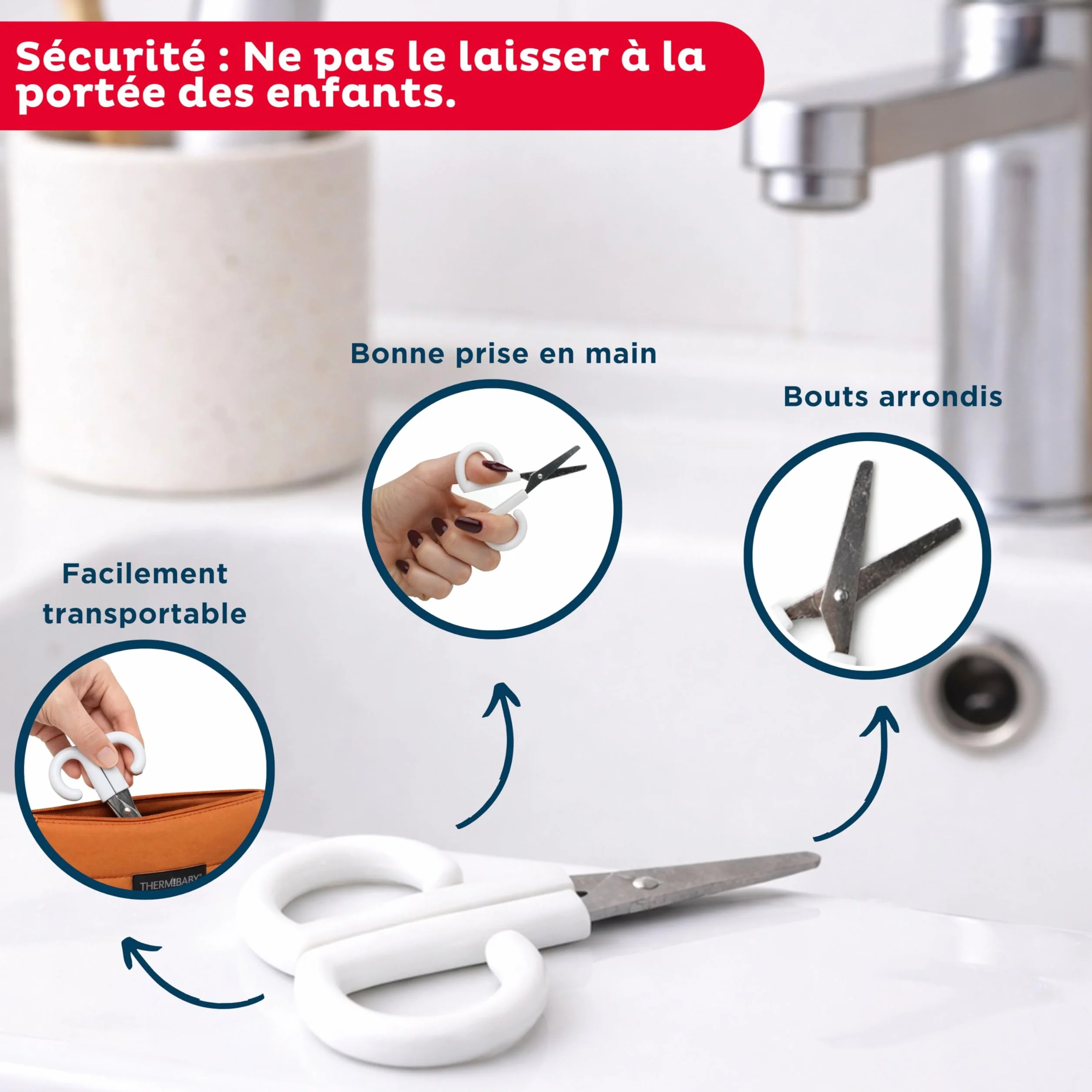 THERMOBABY Ciseaux à Ongles Bébé Lames Inox Arrondies Poignée Ergonomique Nouveau-Né
