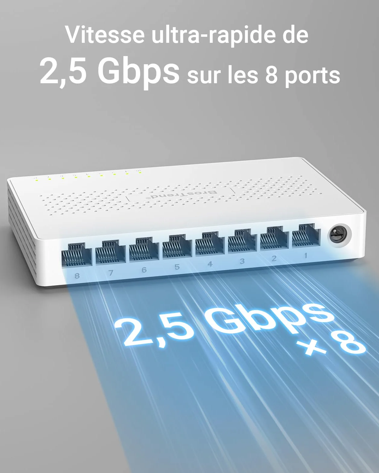 BrosTrend Switch Ethernet 2.5G 8 Ports, RJ45 Unmanaged, 2.5G Base-T, 100/1000/2500Mbps