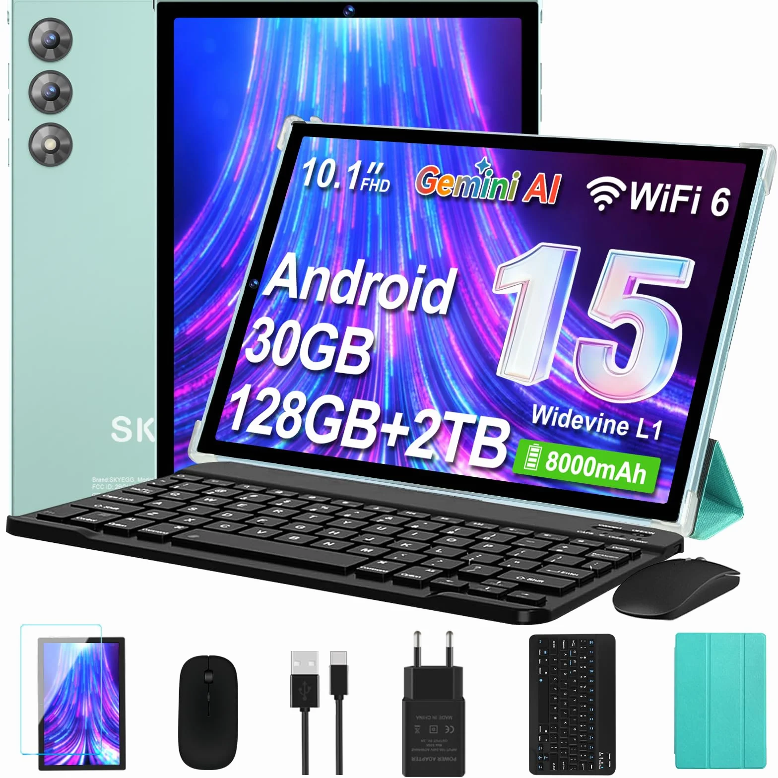 Tablette 10 Pouces avec Android 15 Gemini AI, 30 Go RAM + 128 Go ROM (Extensible Jusqu'à 2 To), WiFi 6, 8000 mAh, Widevine L1, Octa-Core, BT 5.0, 5+8 MP, Tablette Tactile avec Clavier et Souris, Vert