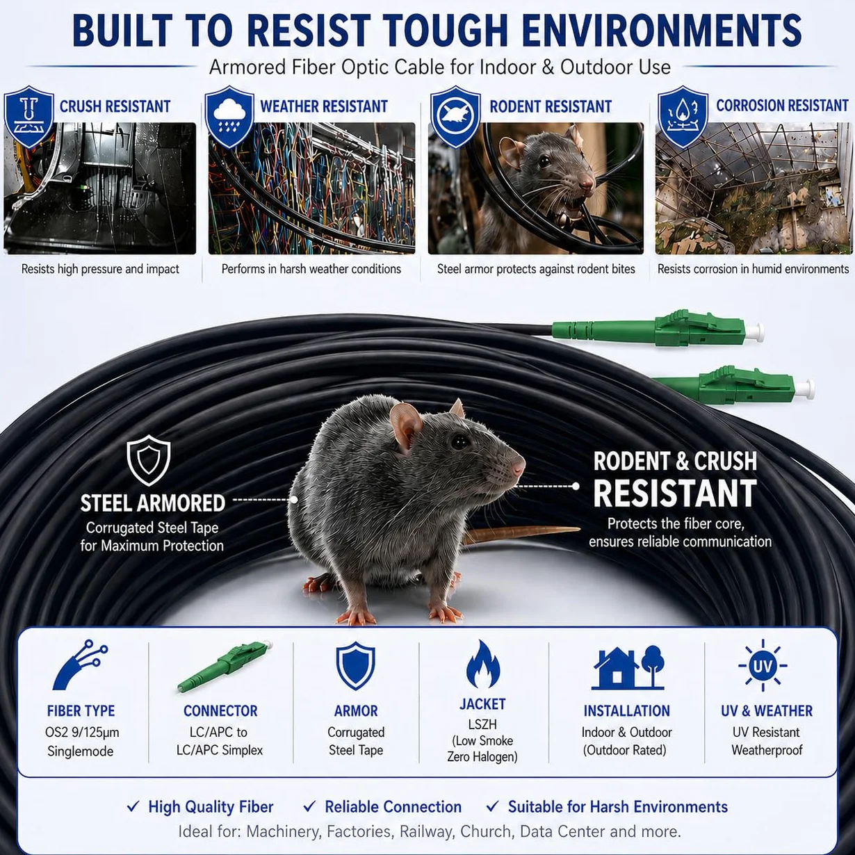 Elfcam® - Câble à Fibre Optique en Acier Blinde LC/APC à LC/APC Simplex Monomode LSZH (200M)