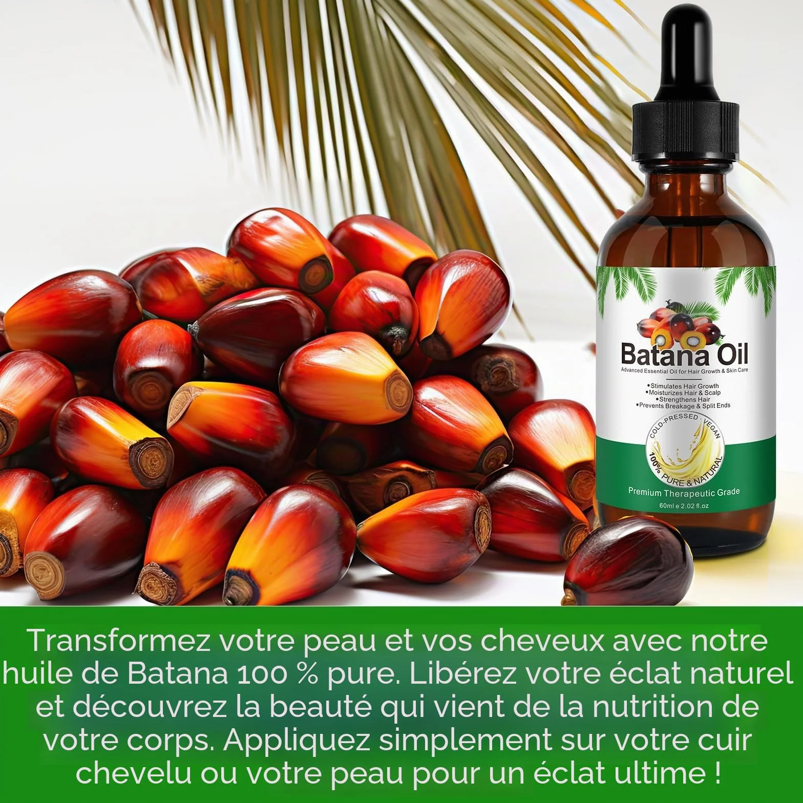 Huile de Batana Pure Pressée à Froid 60 ml pour Cheveux Croissance et Anti-Chute